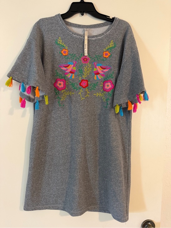 Uncle Frank Dresses & Skirts - Uncle Frank Gray Casual Dress with Multicolor Embroidered Birds & Tassels